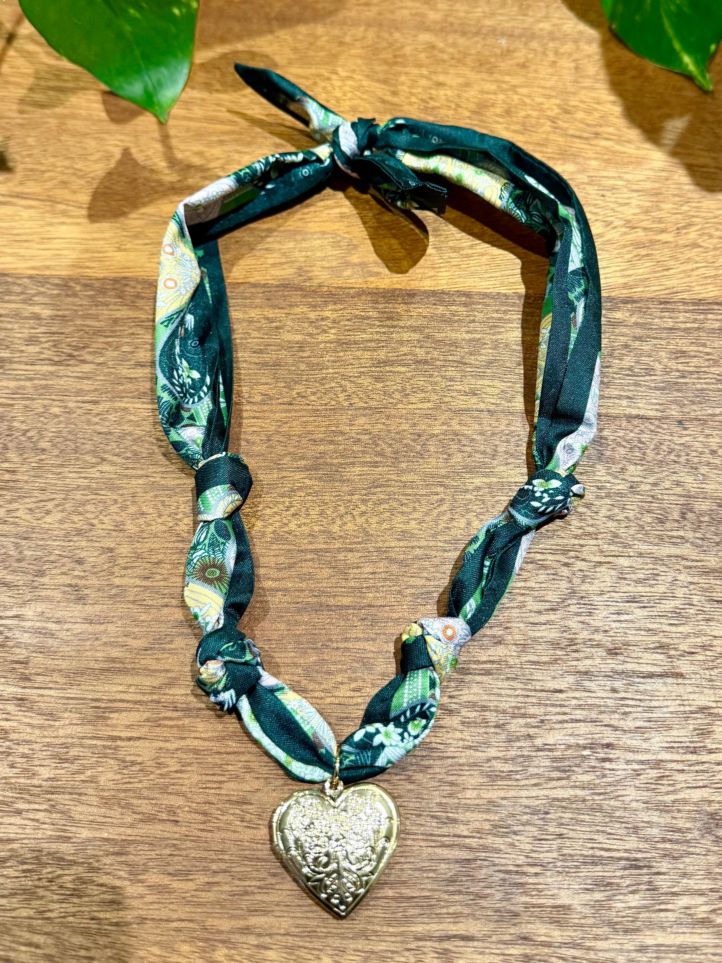 Green Garden Scarf with Heart Locket Charm
