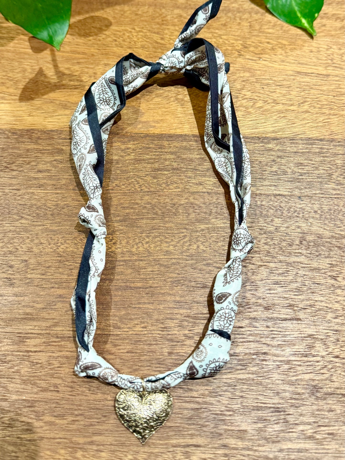 Brown and Black Paisley Scarf with Scroll Heart Charm
