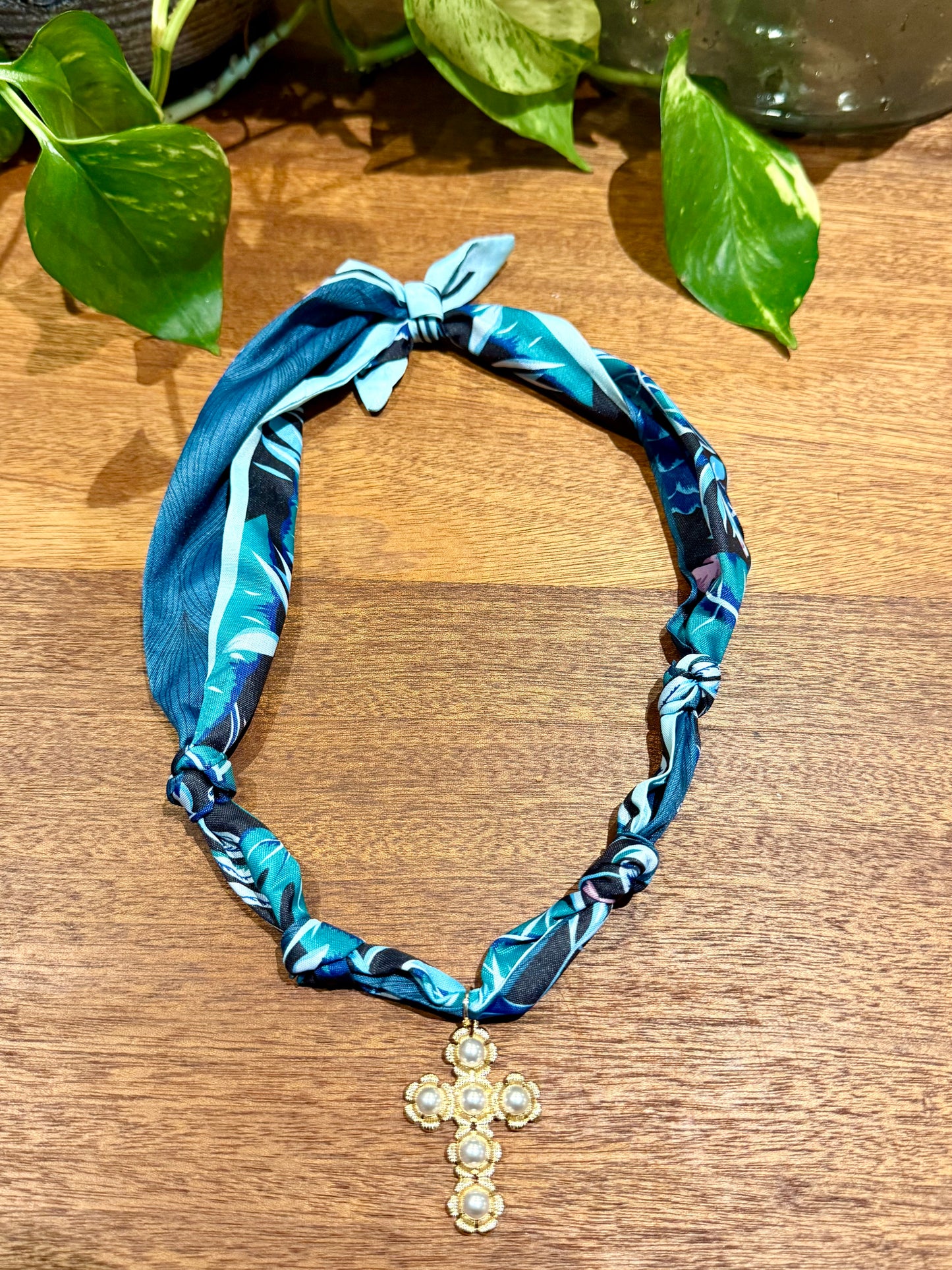 Blue Palm Scarf Necklace with Pearl Cross Charm