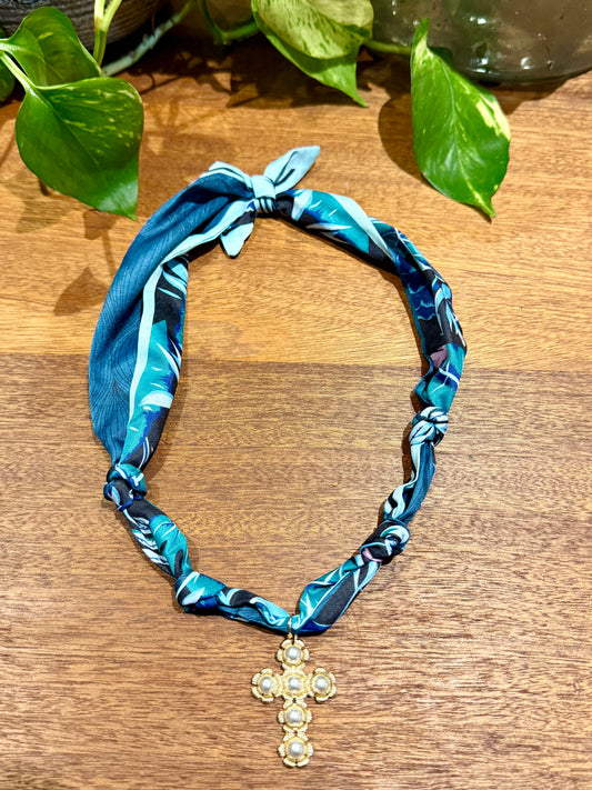 Blue Palm Scarf Necklace with Pearl Cross Charm