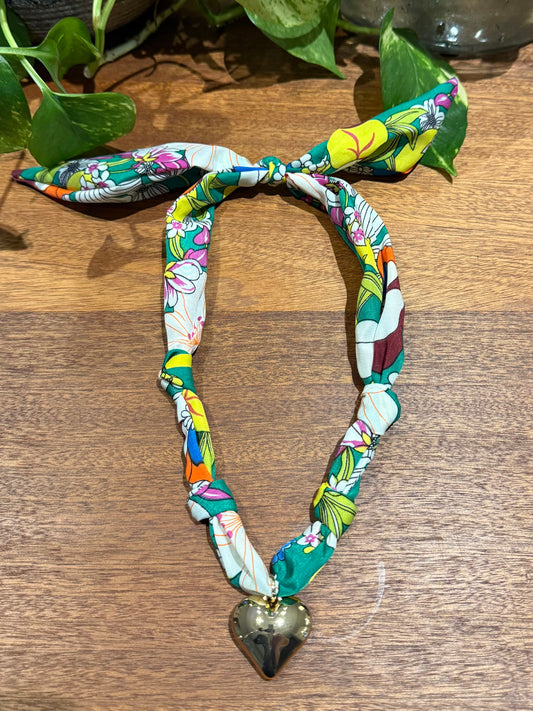 Green Floral Scarf with Bubble Heart Charm