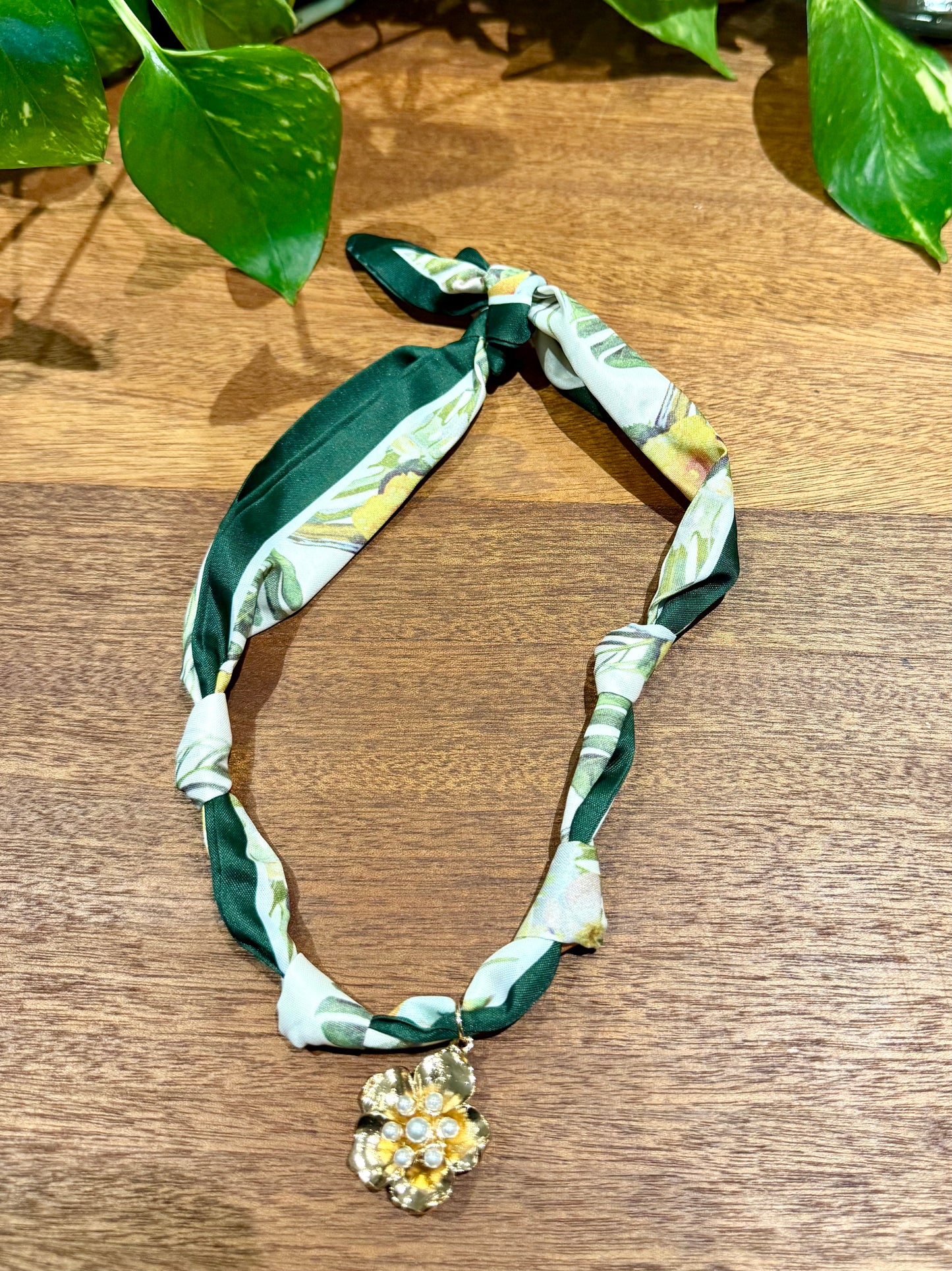 Green Floral Scarf with Pearl Flower Charm