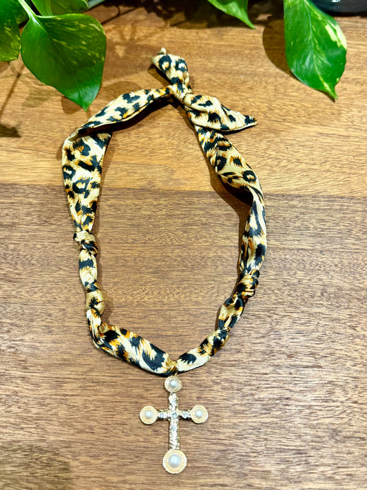 Leopard Scarf with Pearl Cross Charm