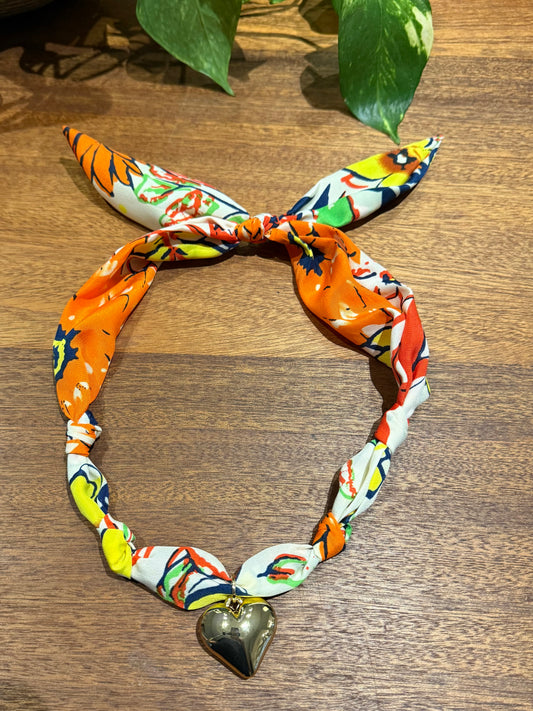 Orange Floral Scarf with Bubble Heart Charm