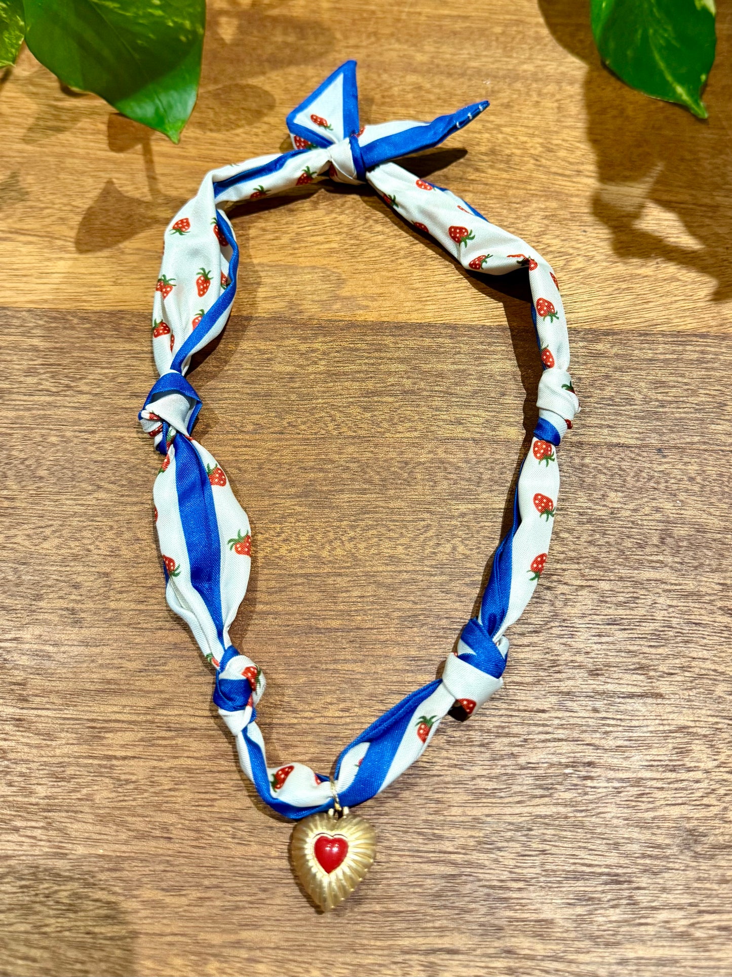 Blue and White Strawberry Scarf with Red Heart Charm