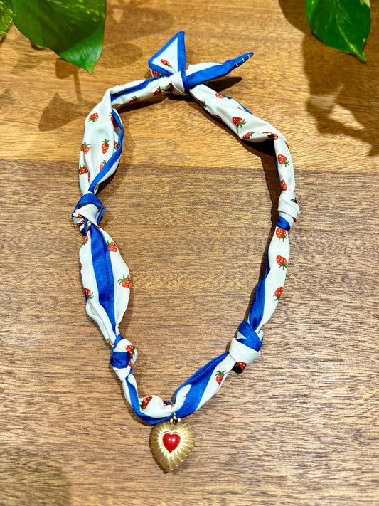 Blue and White Strawberry Scarf with Red Heart Charm