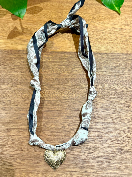 Brown and Black Paisley Scarf with Scroll Heart Charm
