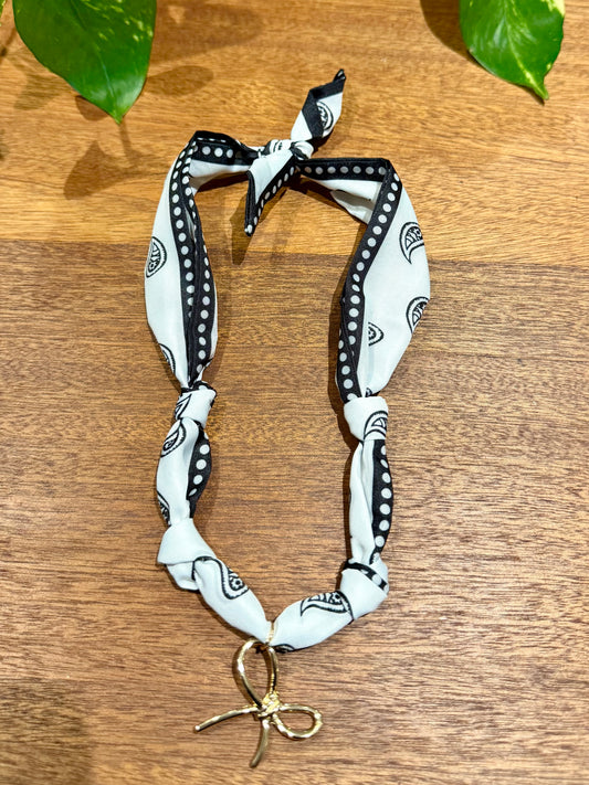 Black and White Paisley Scarf with Bow Charm