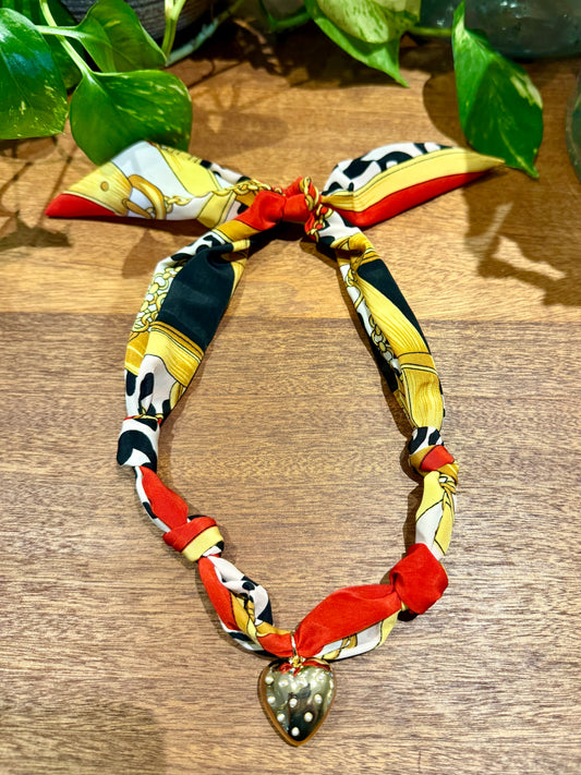 Red and Black Scarf with Pearl Gold Heart Charm