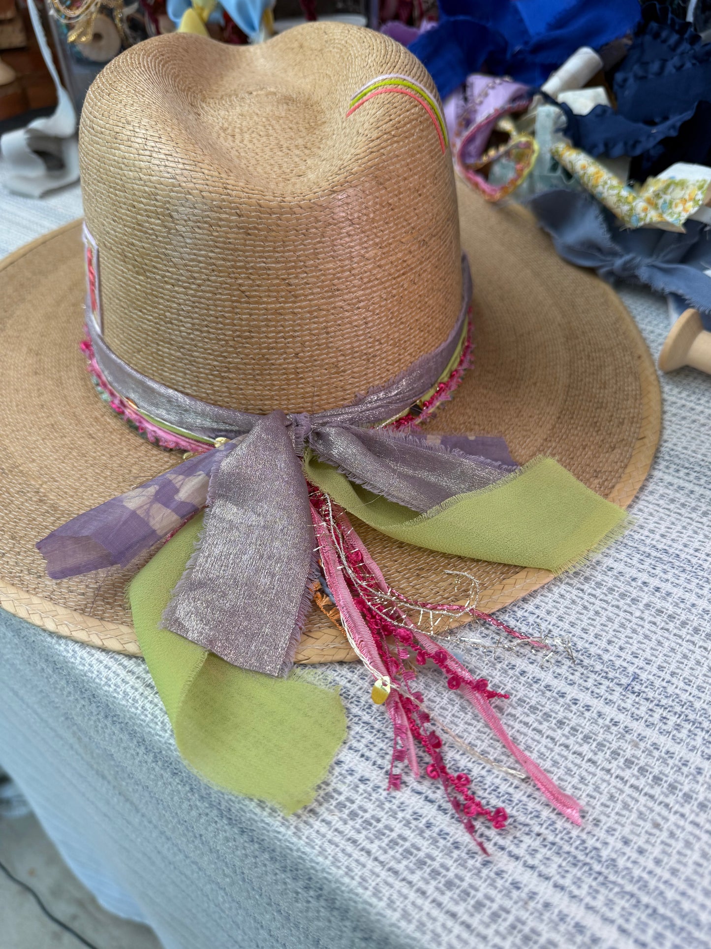 Tan Signature with Lilac and Lime Mahjong Tiles Embroidery