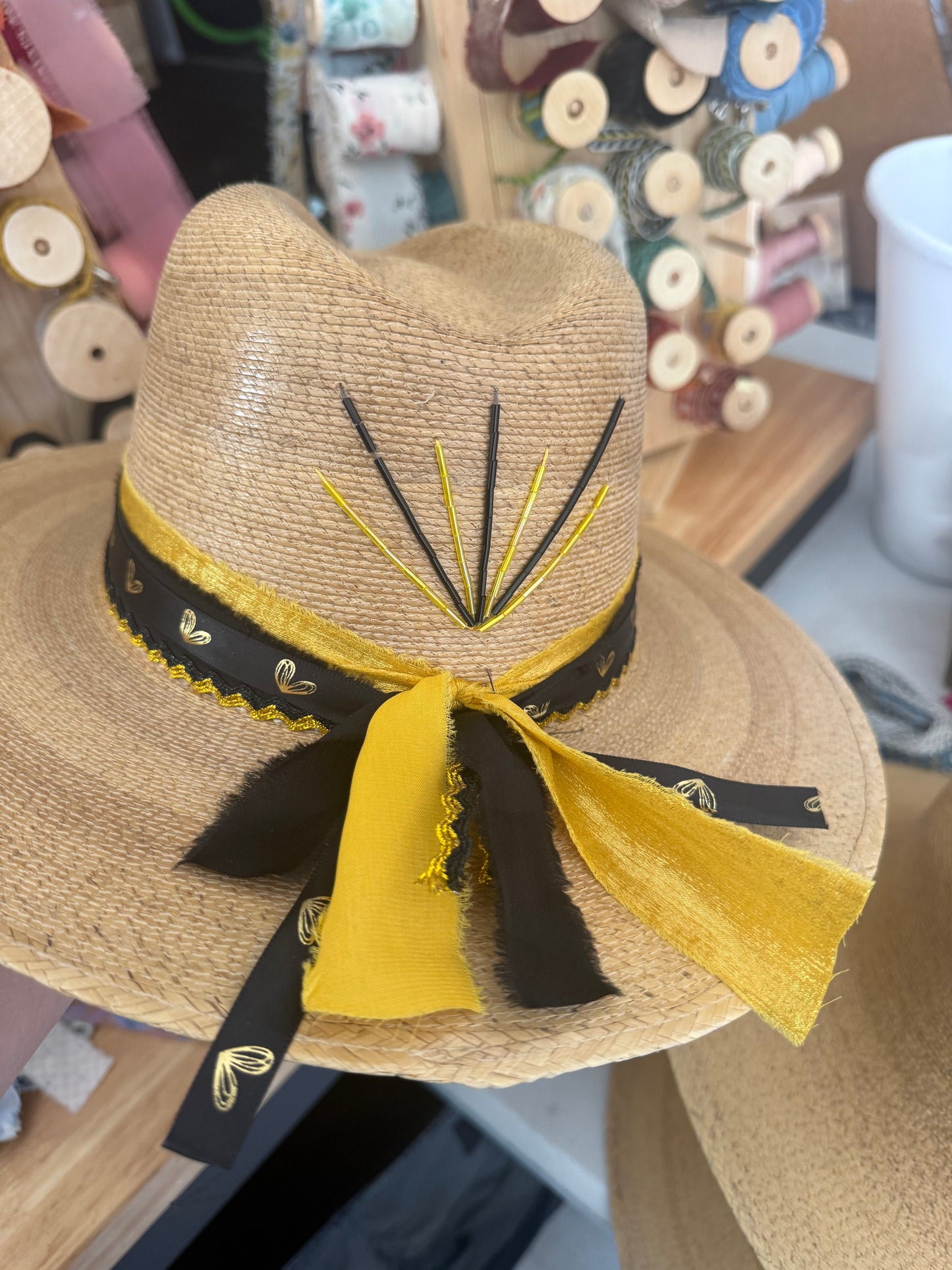 Tan Signature Heart Black and Gold Beaded Hat