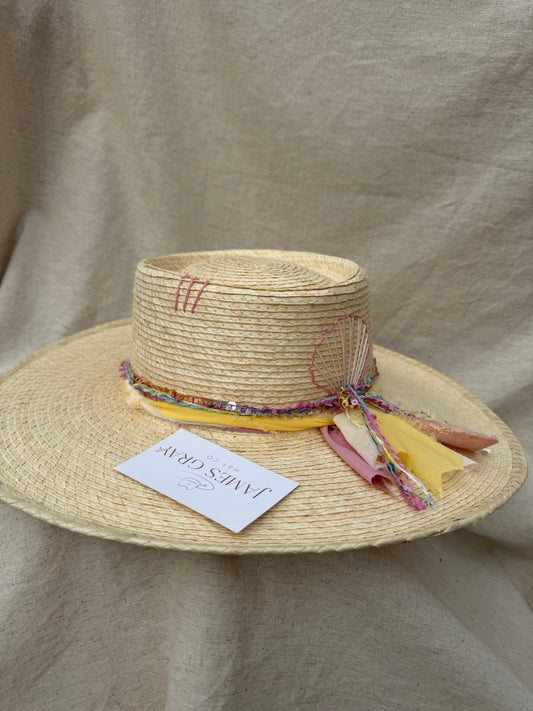 Ivory Sissy Gambler Hat with Light Pink Seashell Embroidery