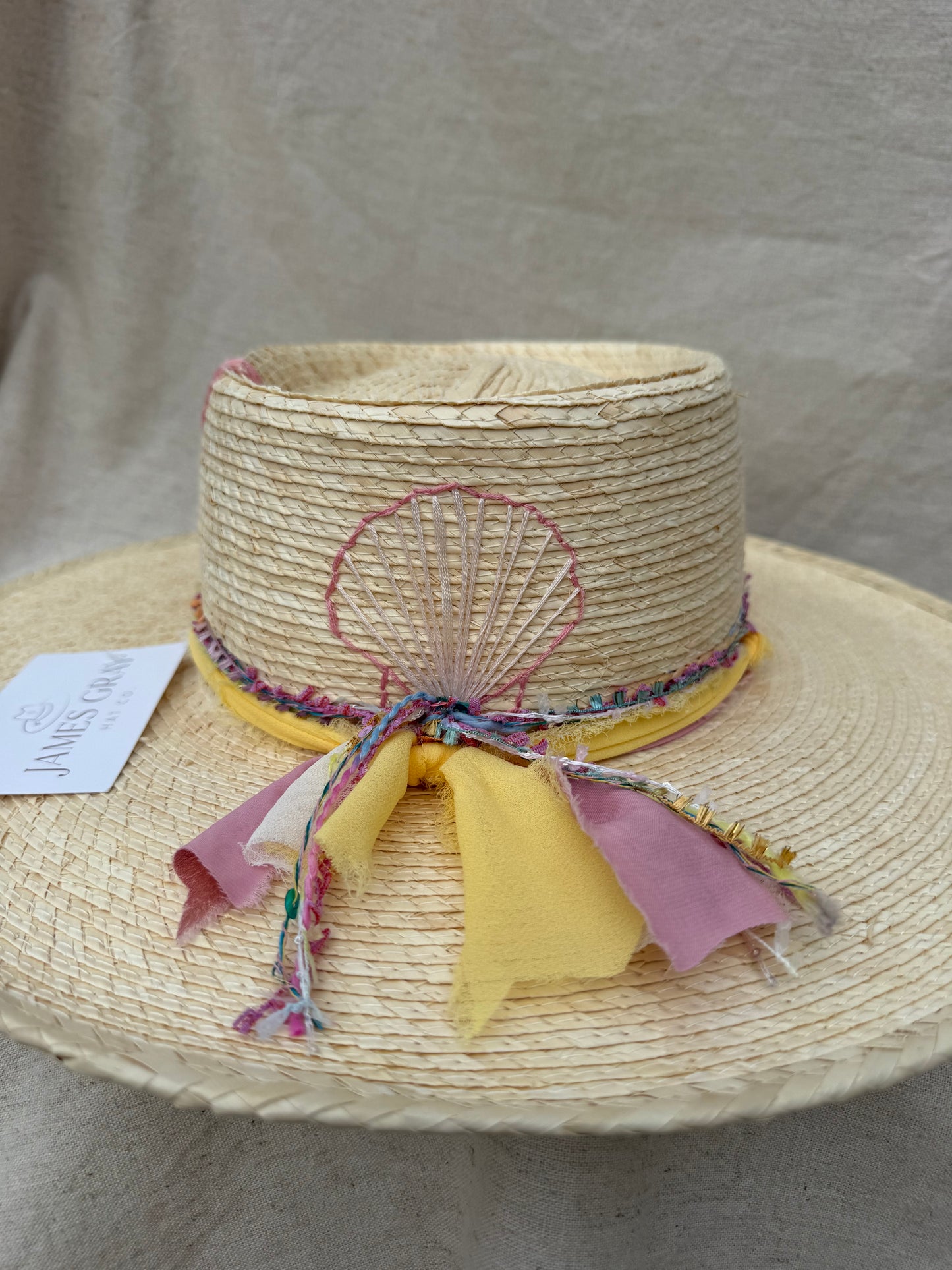 Ivory Sissy Gambler Hat with Light Pink Seashell Embroidery