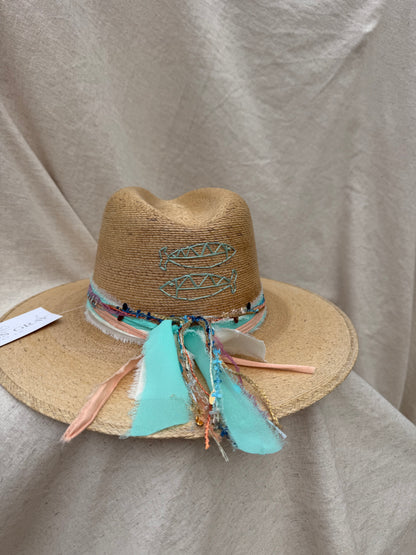 Tan Signature Hat with Teal Fish Embroidery