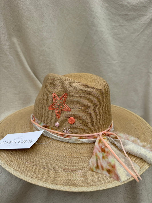 Tan Signature Hat with Coral and Pink Starfish Embroidery